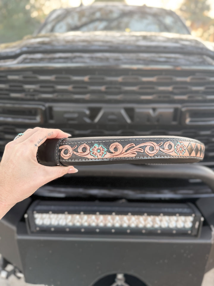 Western Tooled Leather Truck Steering Wheel Cover – 16″ Full-Grain (Tan or Black, Diamond Check)