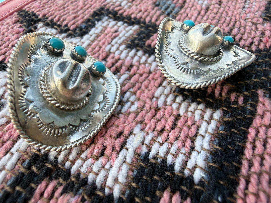 Navajo Handmade Cowboy hat Kingman Turquoise and Sterling Silver Earrings by Bobby Platero