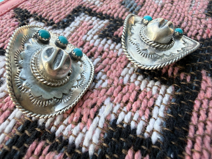Navajo Handmade Cowboy hat Kingman Turquoise and Sterling Silver Earrings by Bobby Platero