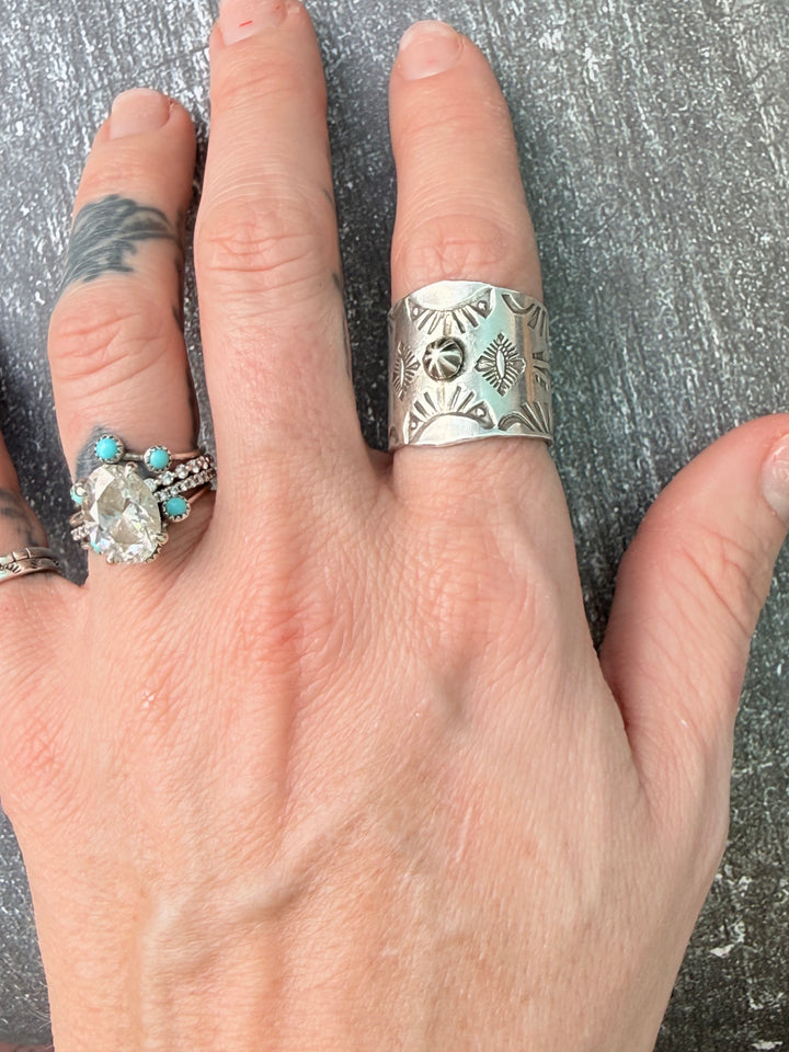 Navajo Handmade Sterling Silver Stamped Cigar Band Ring | Size 7.5 Wide Native American Ring