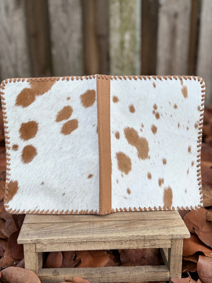 Tan Leather & Cowhide Bible Cover – Handmade Western Book Sleeve for Large Bibles & Notebooks