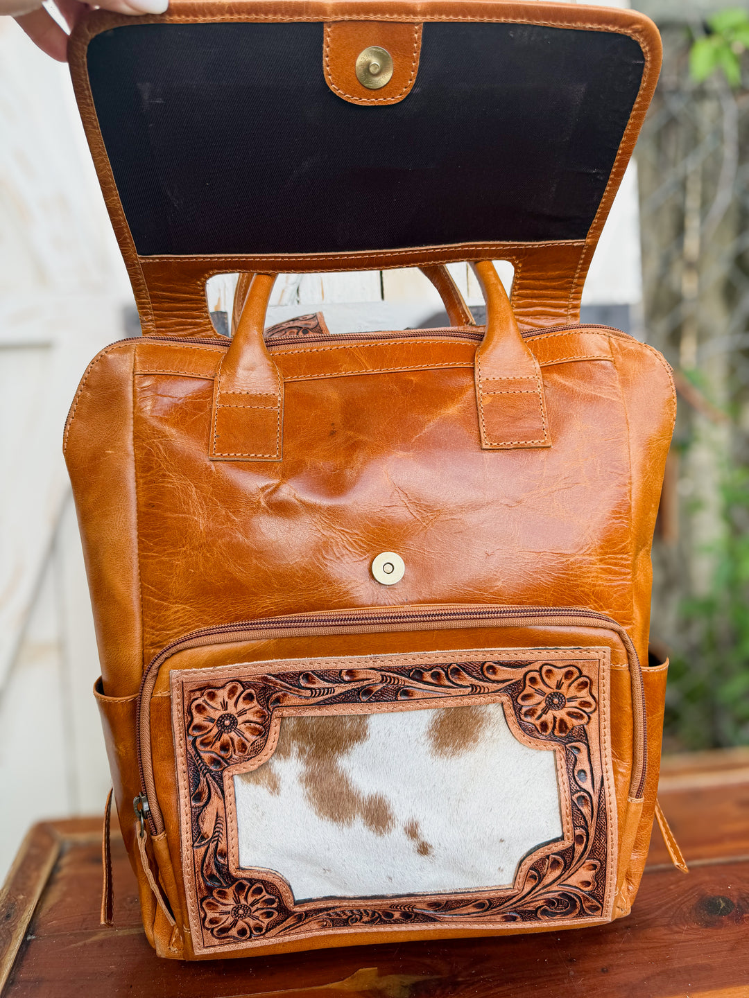 Tooled Leather Cowhide Backpack | Diaper or Work Bag Style + Hidden Back Pocket