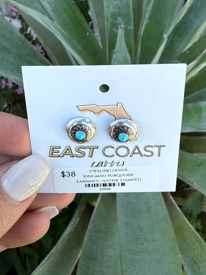 Sterling Silver Native American Handmade Kingman Turquoise Stud Earrings