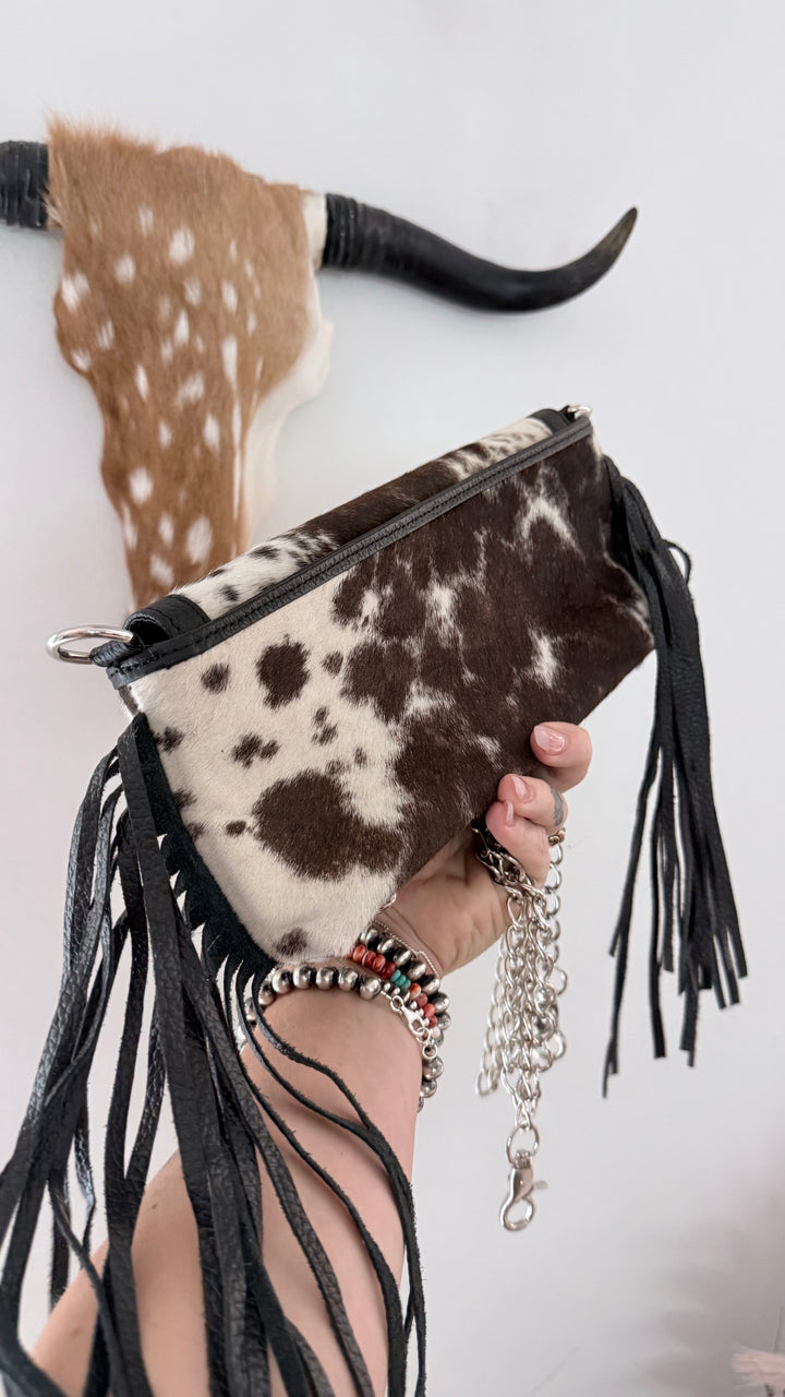 Night Moves | Cowhide Leather Fringe Clutch & Chain Crossbody Purse