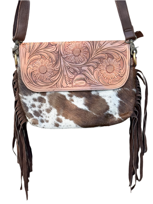 Grit & Grace : Hand Tooled Leather Cowhide and Brown Fringe Crossbody