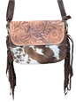 Grit & Grace : Hand Tooled Leather Cowhide and Brown Fringe Crossbody