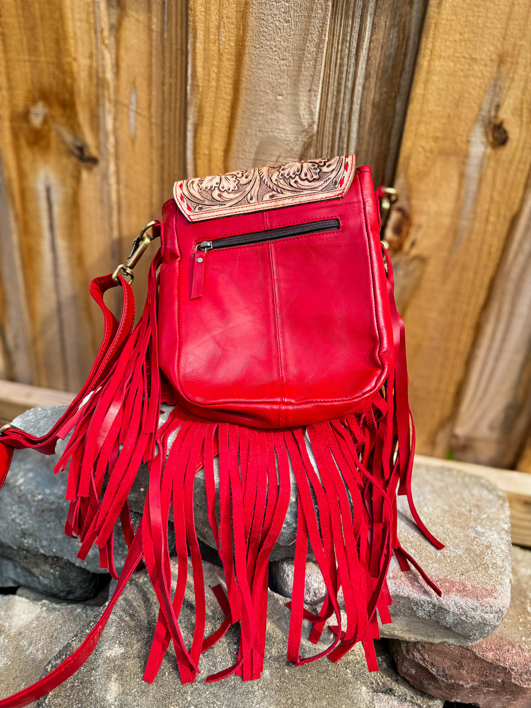 Cherry Bomb | Red Fringe Crossbody with Hand-Painted Tooled Leather