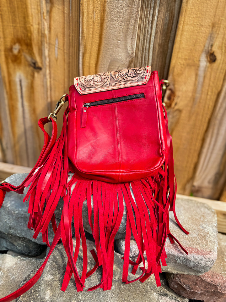 Cherry Bomb | Red Fringe Crossbody with Hand-Painted Tooled Leather