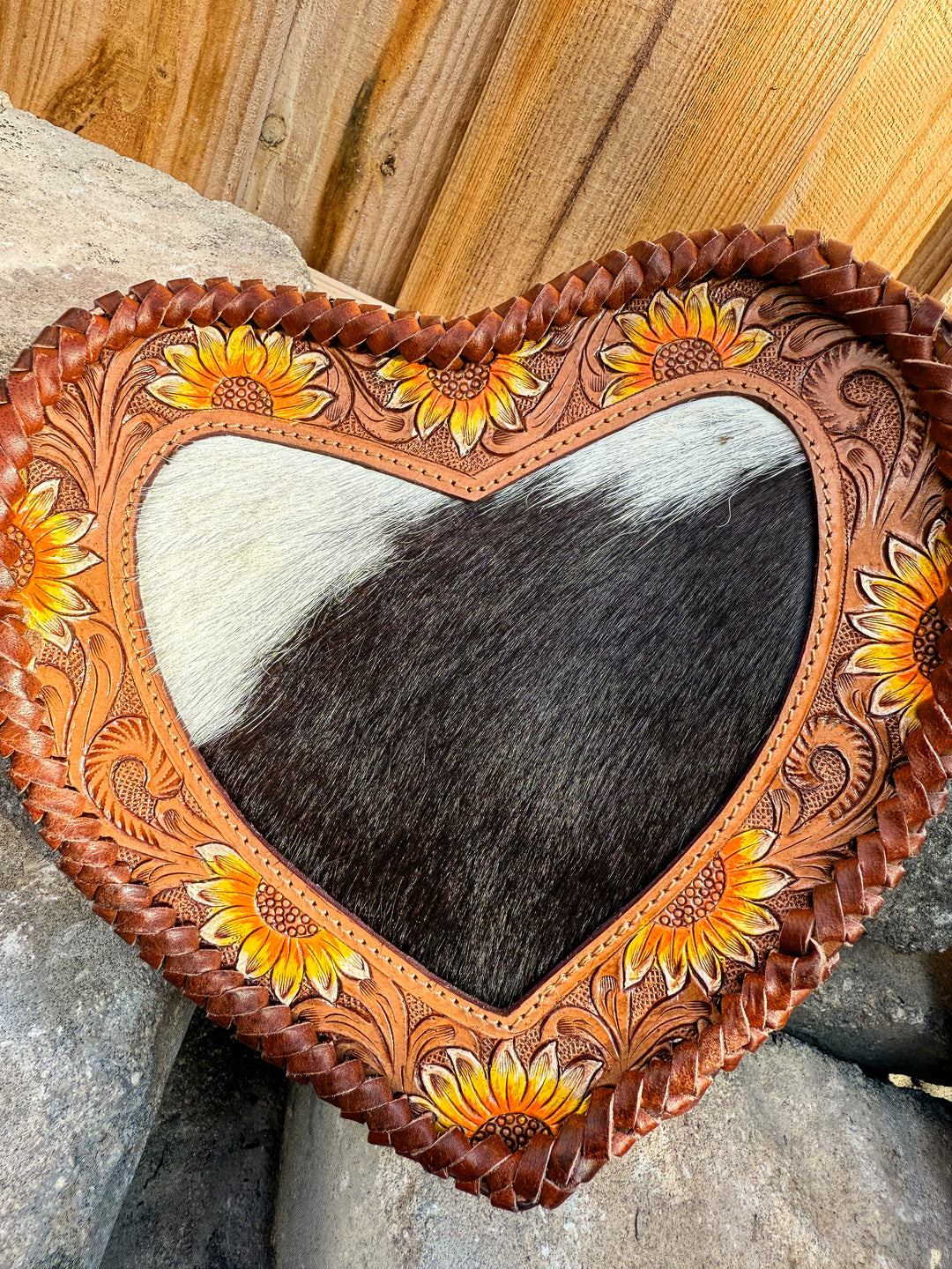Sunflower Sweetheart Crossbody | Tooled Leather & Cowhide Heart Purse