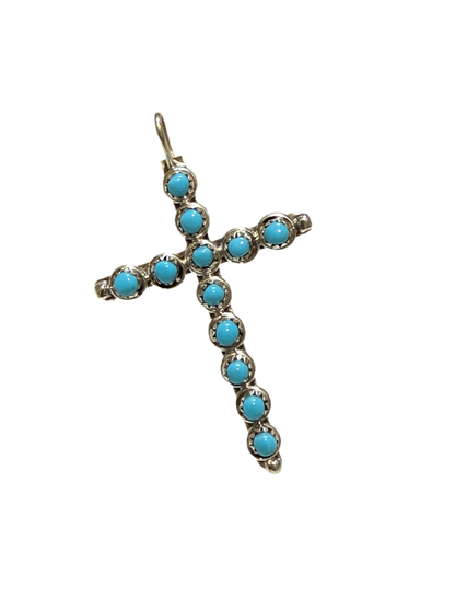 Handmade Zuni Kingman Sterling Silver Turquoise Cross Pendant (signed)