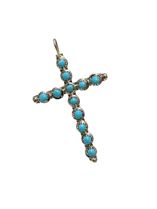 Handmade Zuni Kingman Sterling Silver Turquoise Cross Pendant (signed)
