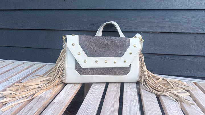 The Westbury | Charcoal Cowhide & Oatmeal Leather Fringe Bag