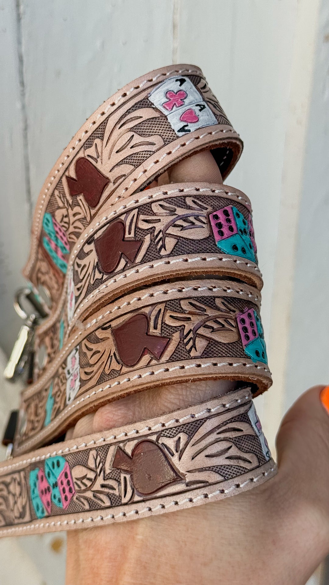 Punchy Hand Tooled and Hand Painted Leather Key Chain Wristlet