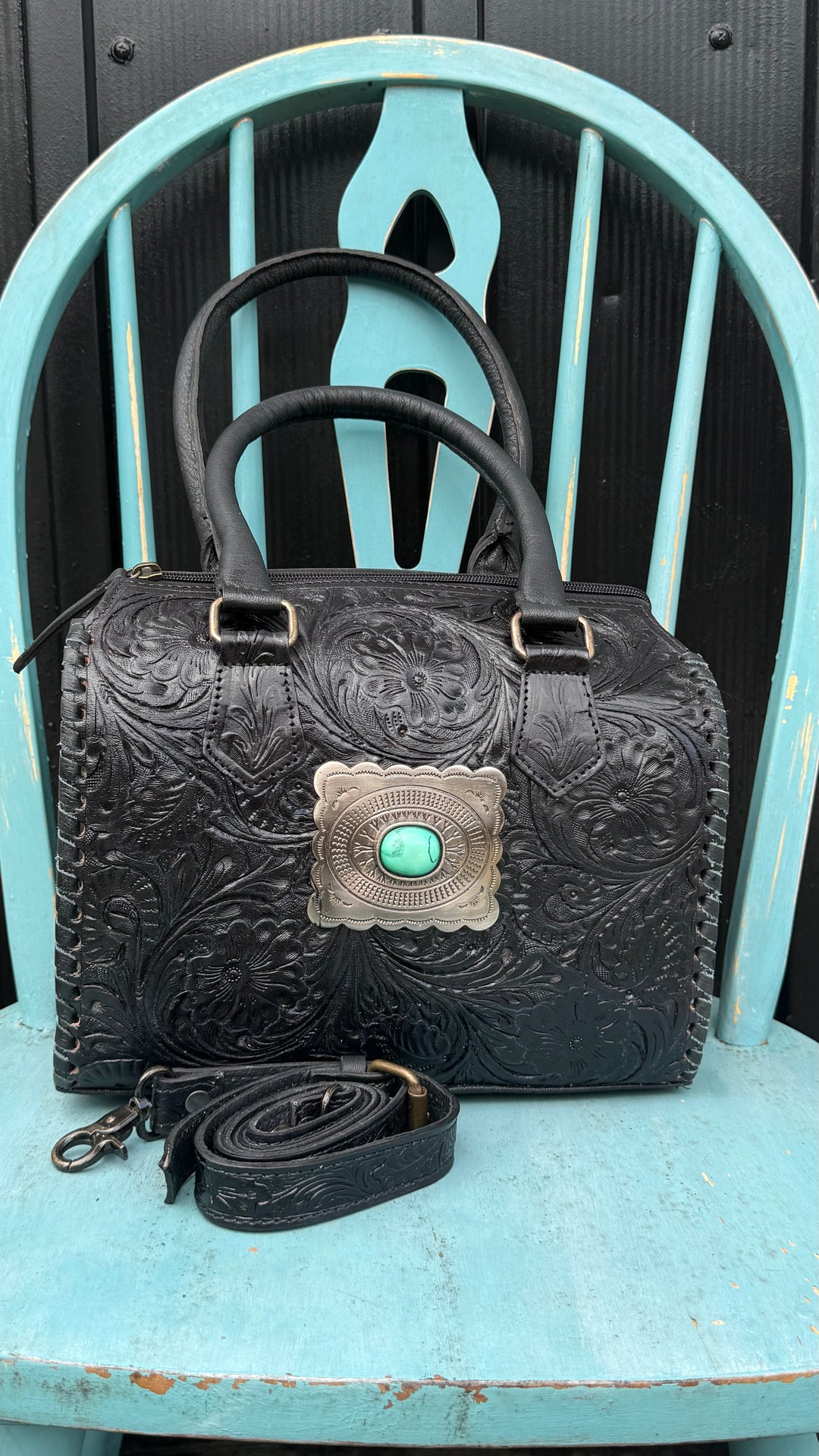 The Sonoran Heirloom Speedy Satchel | Tooled Leather Black Convertible Handbag