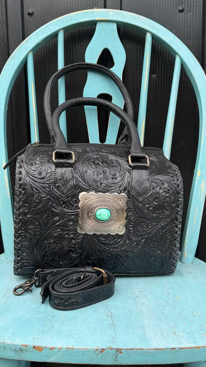 The Sonoran Heirloom Speedy Satchel | Tooled Leather Black Convertible Handbag
