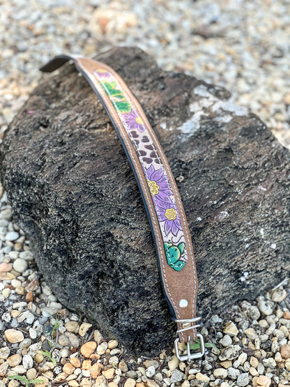 DESERT WANDERER (L) hand tooled painted leather and cowhide dog collar