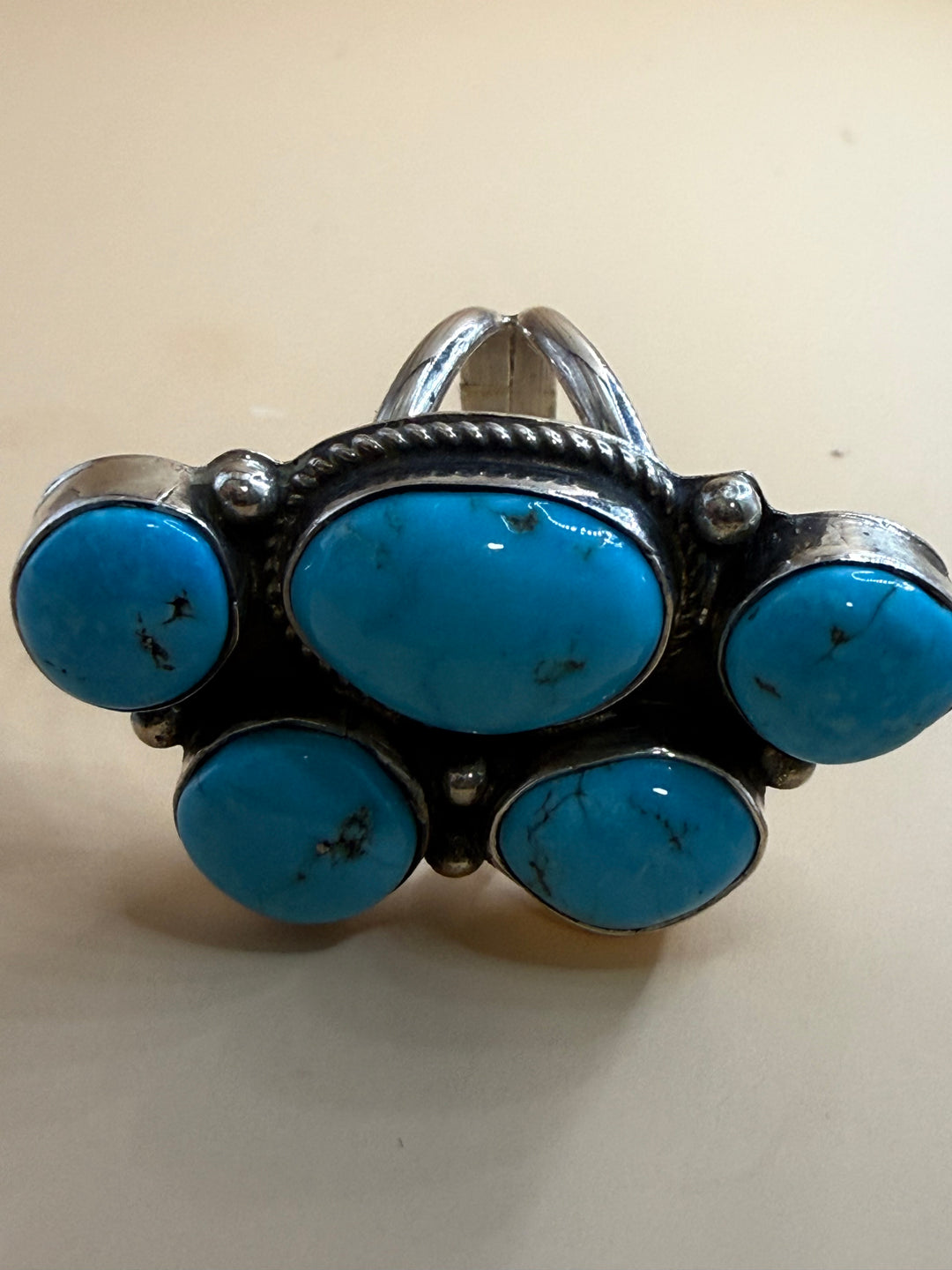 Navajo Handmade Kingman Turquoise Half Cluster Ring | Rita Dawes | Sterling Silver | Size 8