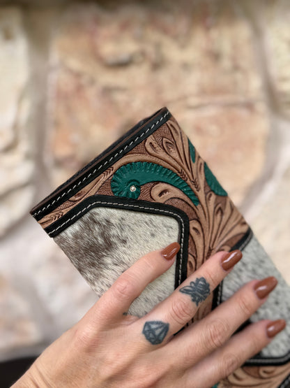 Two Step – Pine Twist : Tooled Leather and Cowhide Wallet