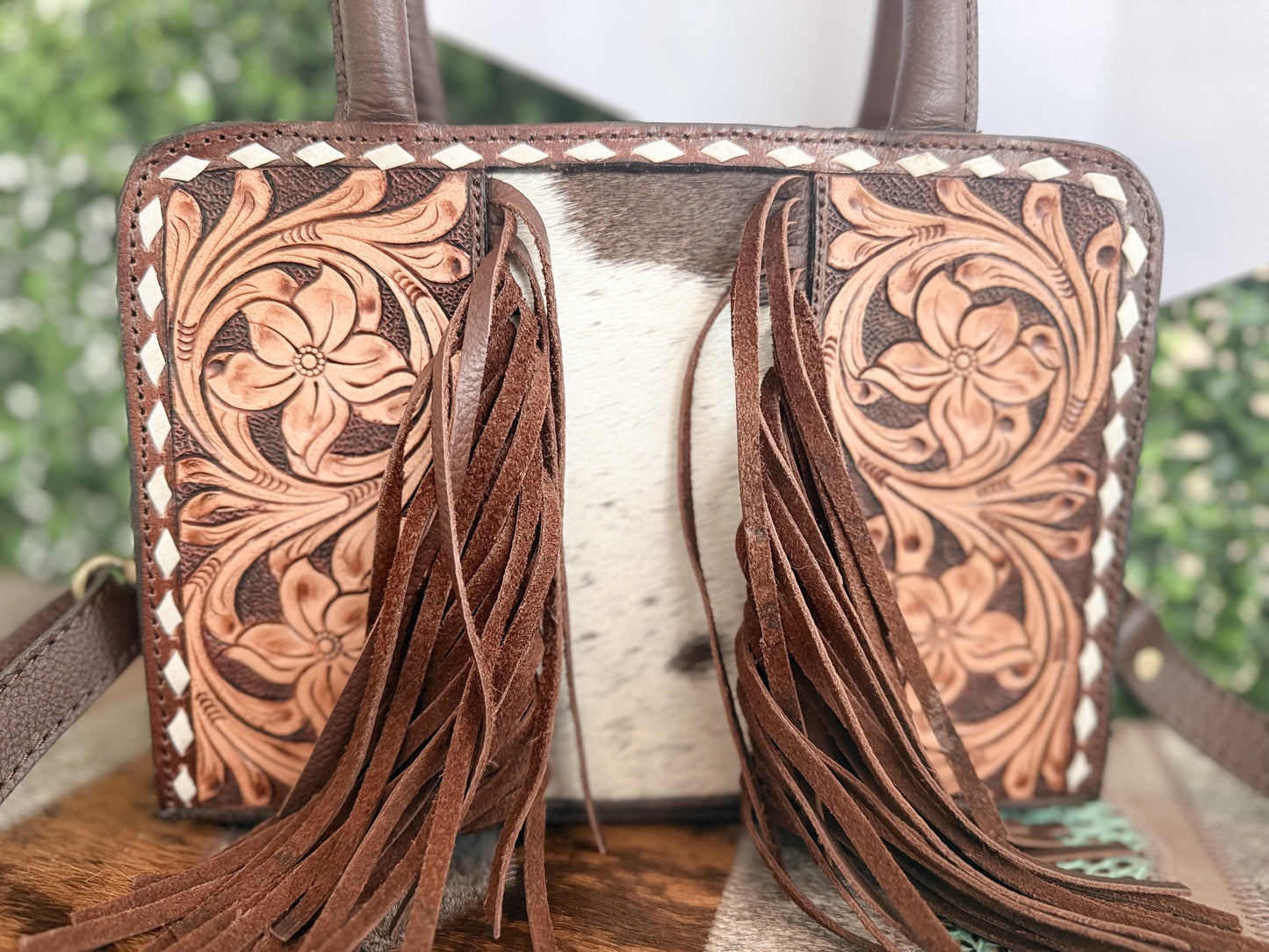 Little Wildflower : Hand Tooled Leather Cowhide and Fringe Mini Western Purse with Handles and Detachable Crossbody Strap