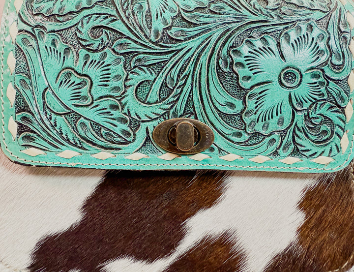 Coastal Hide | Tooled Turquoise Leather + Cowhide Chain Satchel