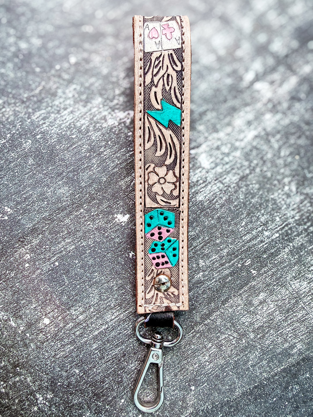 Punchy Hand Tooled and Hand Painted Leather Key Chain Wristlet