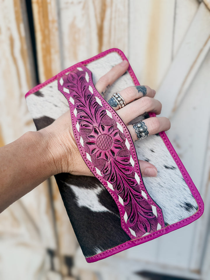 The Jolene Magenta Cowhide Clutch | Tooled Leather Hand Strap