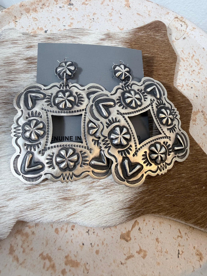 Leander Tahe Navajo Sterling Silver Repoussé Statement Earrings
