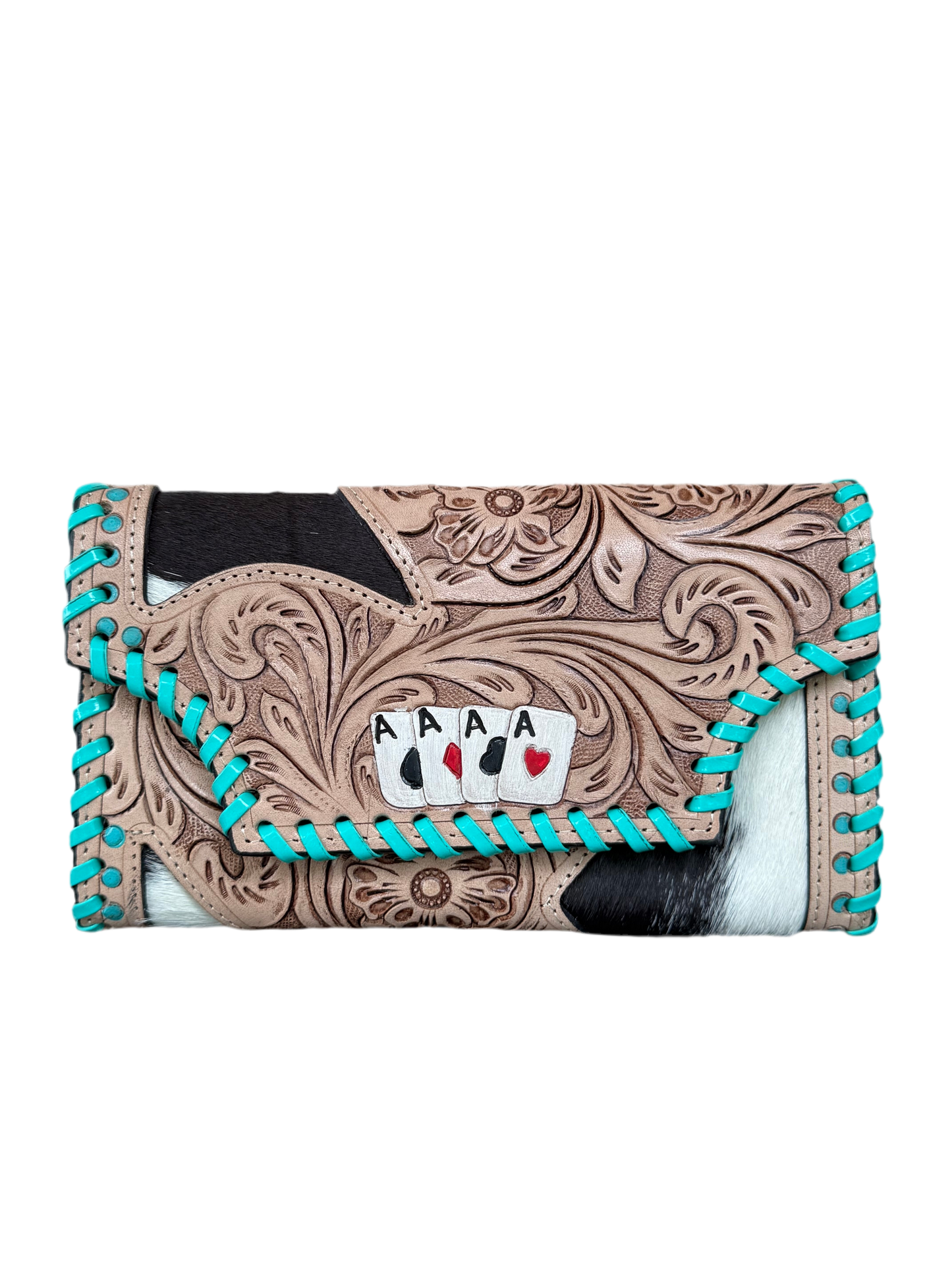 Hide and Ace : Tooled Leather and Cowhide Aces Card Design Turquoise Stiched Wallet