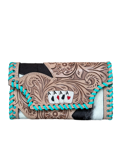 Hide and Ace : Tooled Leather and Cowhide Aces Card Design Turquoise Stiched Wallet