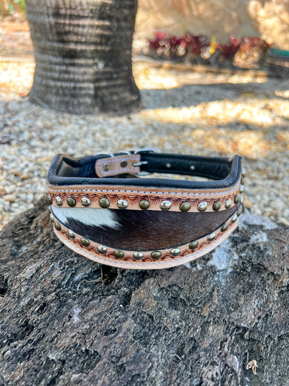 THE OUTLAW cowhide and tooled leather studded dog collar (LARGE)