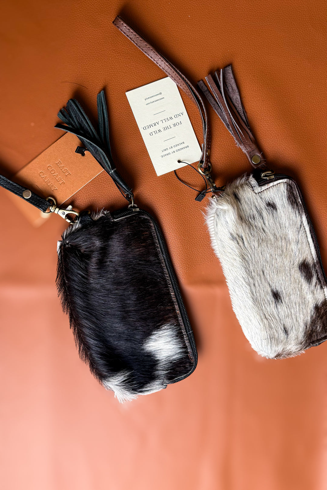 Genuine Cowhide Wristlet Pouch | Hair-On Hide Organizer with Tassel & Wrist Strap