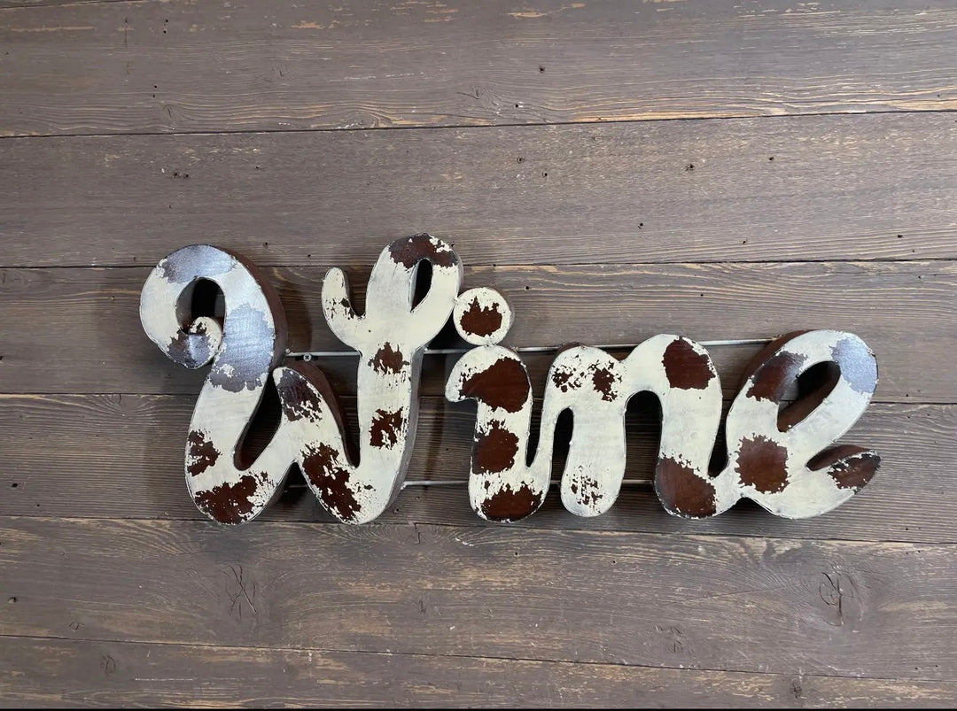 Rustic Cowhide Inspired Hand-Welded Metal WINE Sign | Western Home Bar Decor