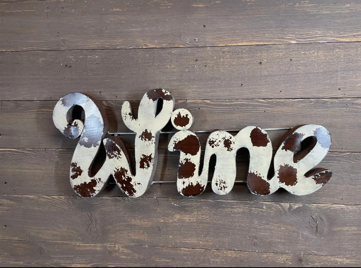 Rustic Cowhide Inspired Hand-Welded Metal WINE Sign | Western Home Bar Decor