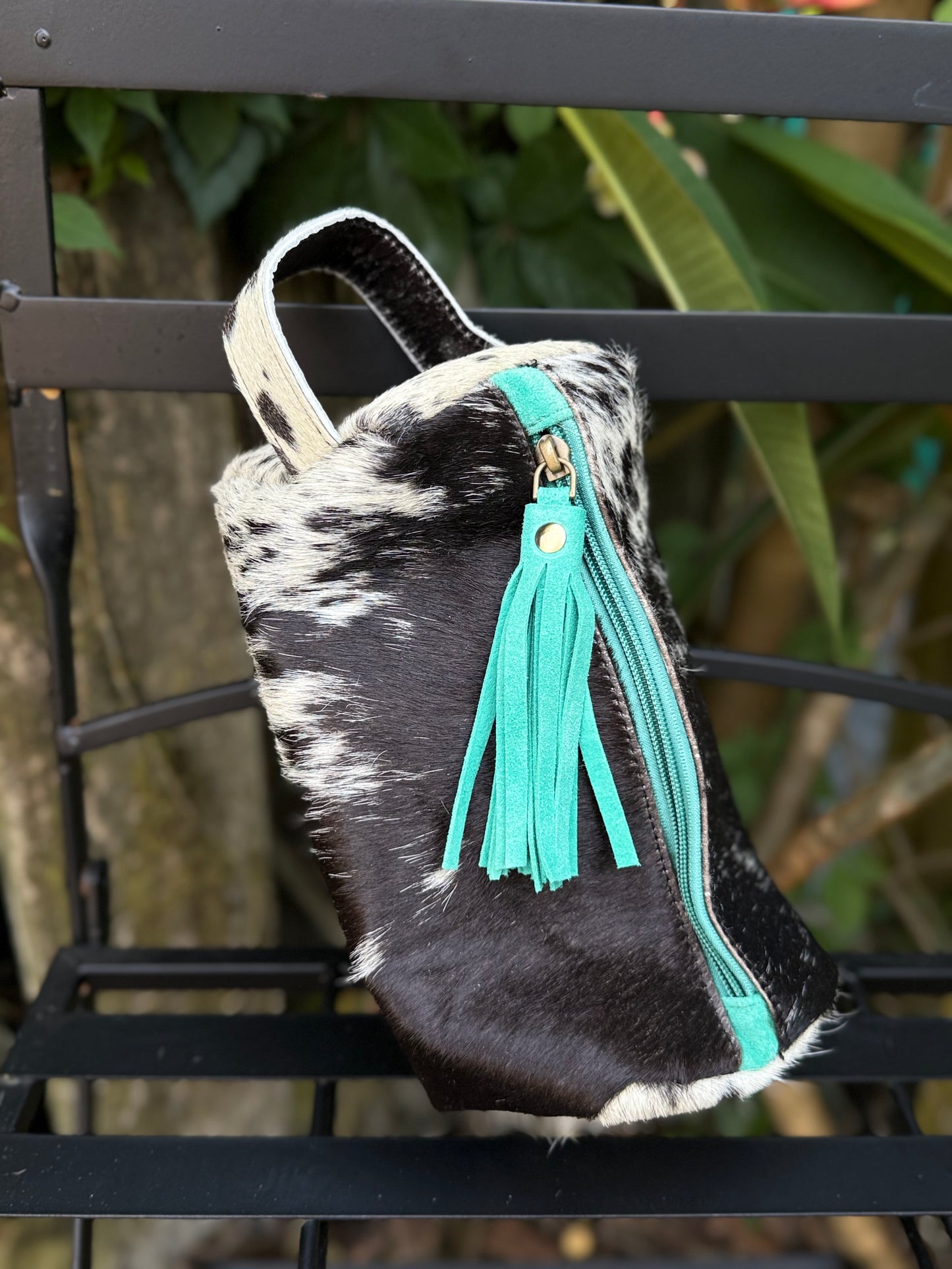 Black/White Cowhide & Leather Travel Cosmetic Bag | Turquoise Fringe