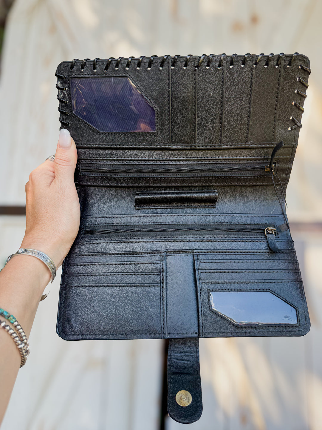 Business in Boots Oversized Black and White Cowhide Wallet | Western Tooled Leather Checkbook Wallet