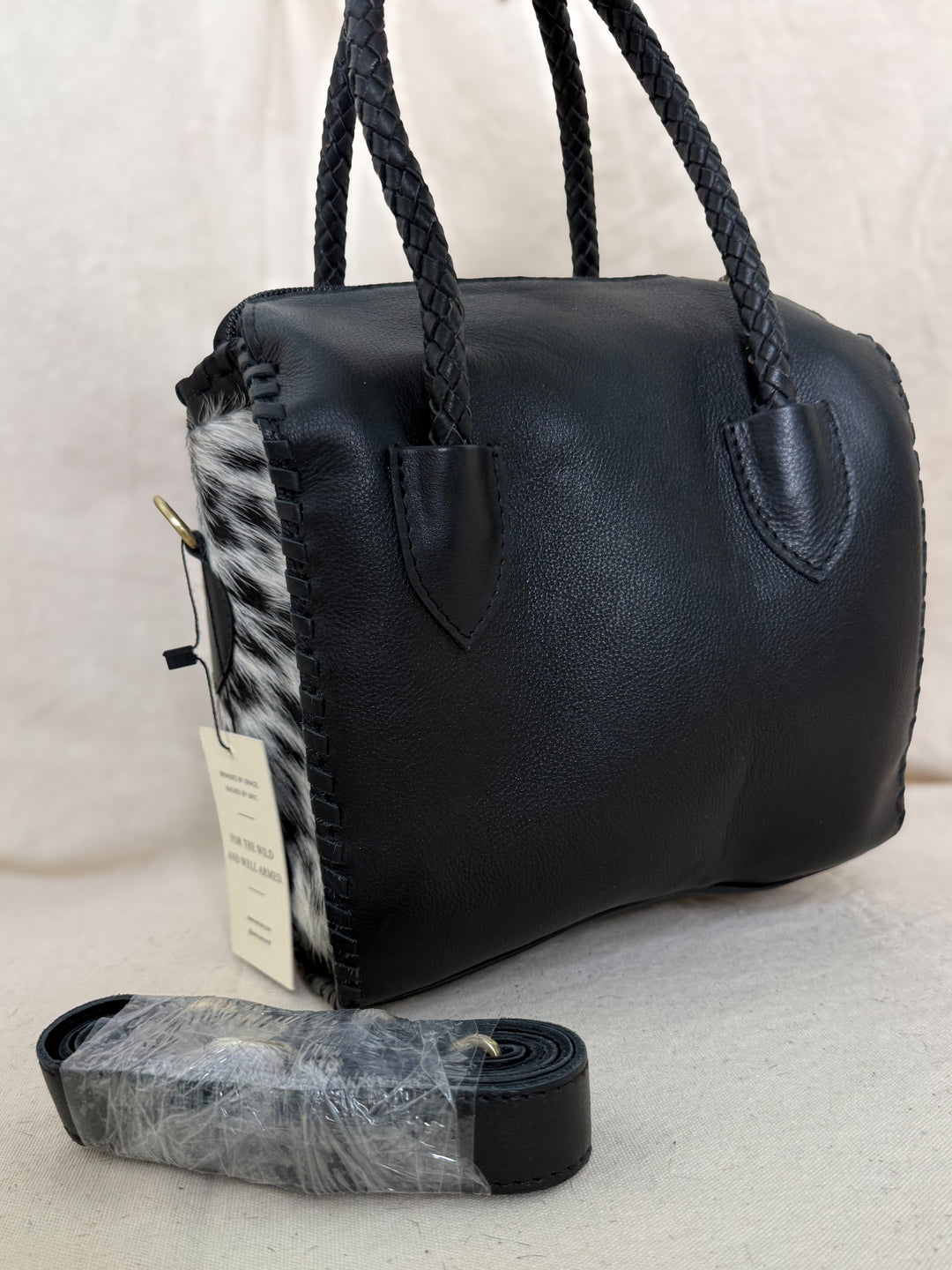 Soft & Strong™ Cowhide Satchel | Black & White Genuine Hair-On Hide Black Leather Handbag