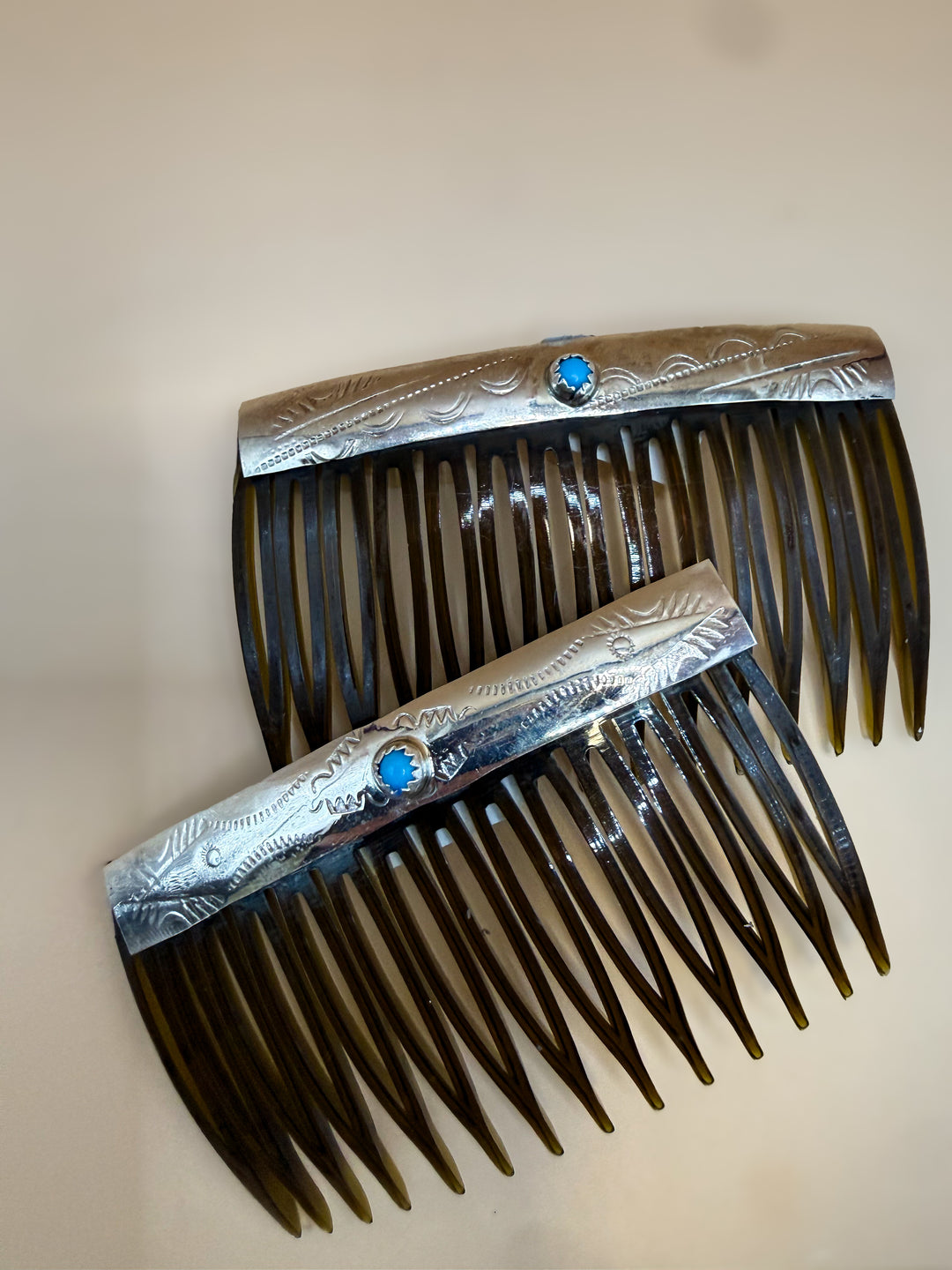 Navajo Handmade Sterling Silver Kingman Turquoise Hair Comb
By Navajo Silversmith Genevieve Jones