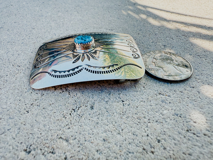 Joan Begay Navajo Handmade Sterling Silver and Kingman Turquoise Slim Belt Buckle