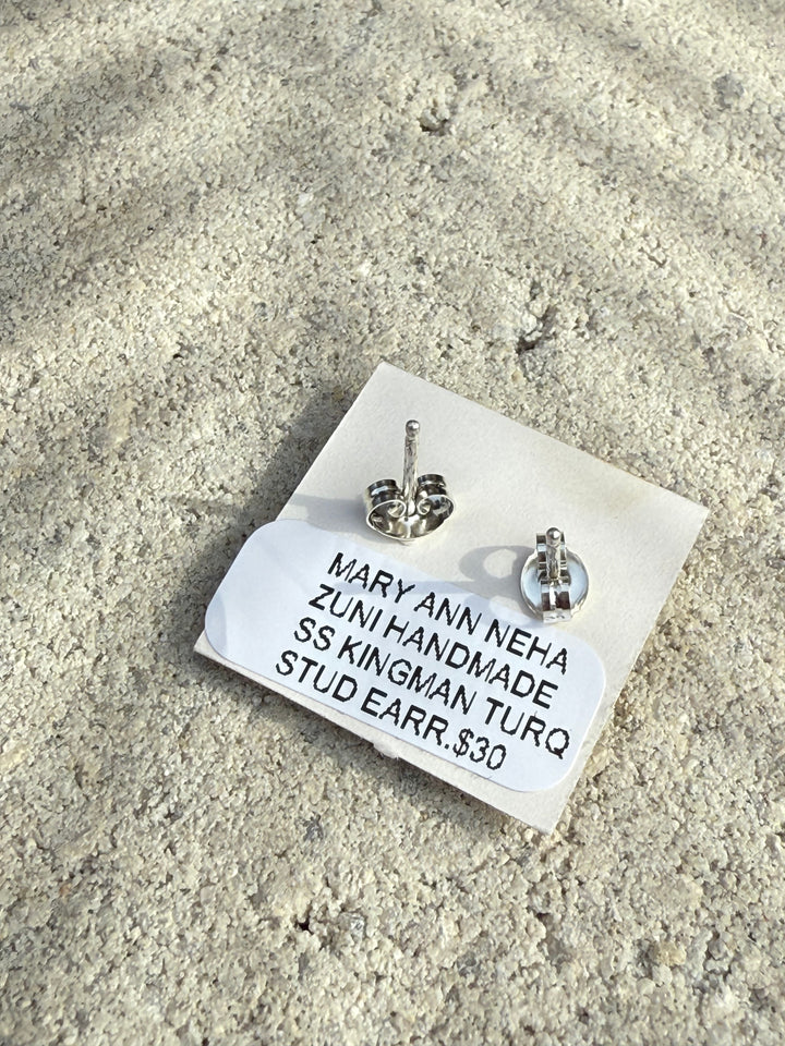 Mary Ann Neha Zuni Handmade Sterling Silver and Kingman Turquoise Heart Stud Earrings