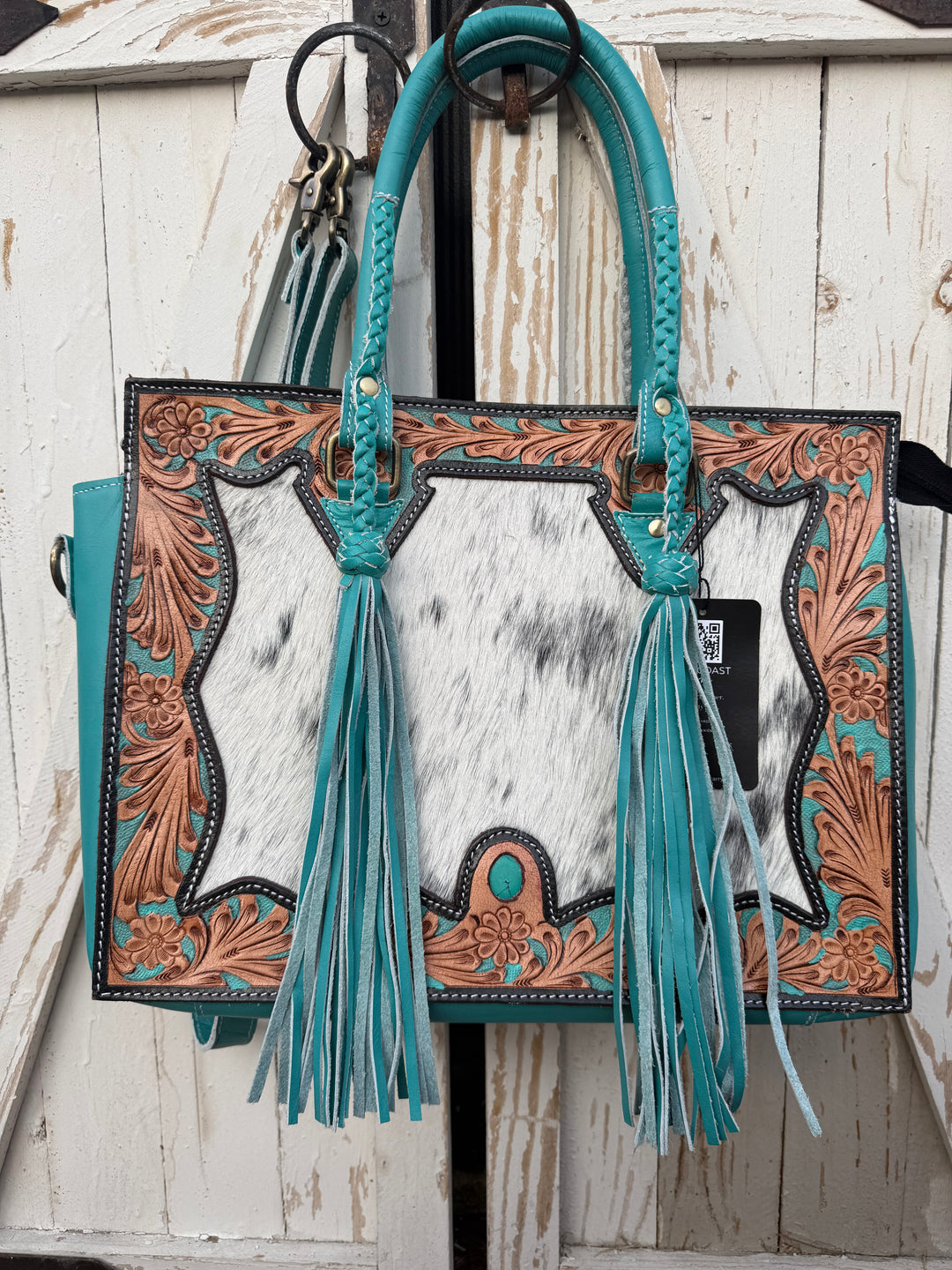 Get to Work Bag | Minty Blue Leather, Tooled Floral & Cowhide Concealed Carry Tote