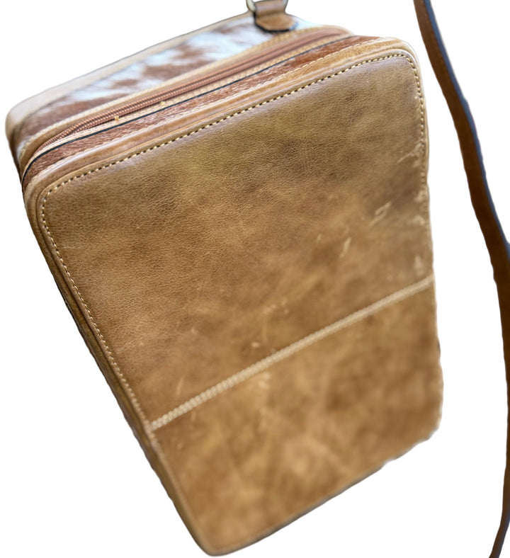 The Double Decker in Tan | Large Tan and White Cowhide and Tooled Leather Jewelry Case