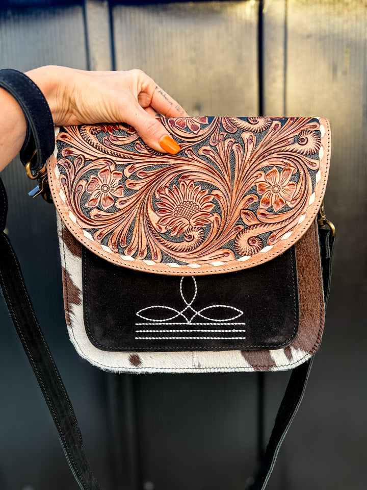 The Lee Tooled Boot Stitch Crossbody |
Genuine Leather & Hair-On Cowhide Western Purse