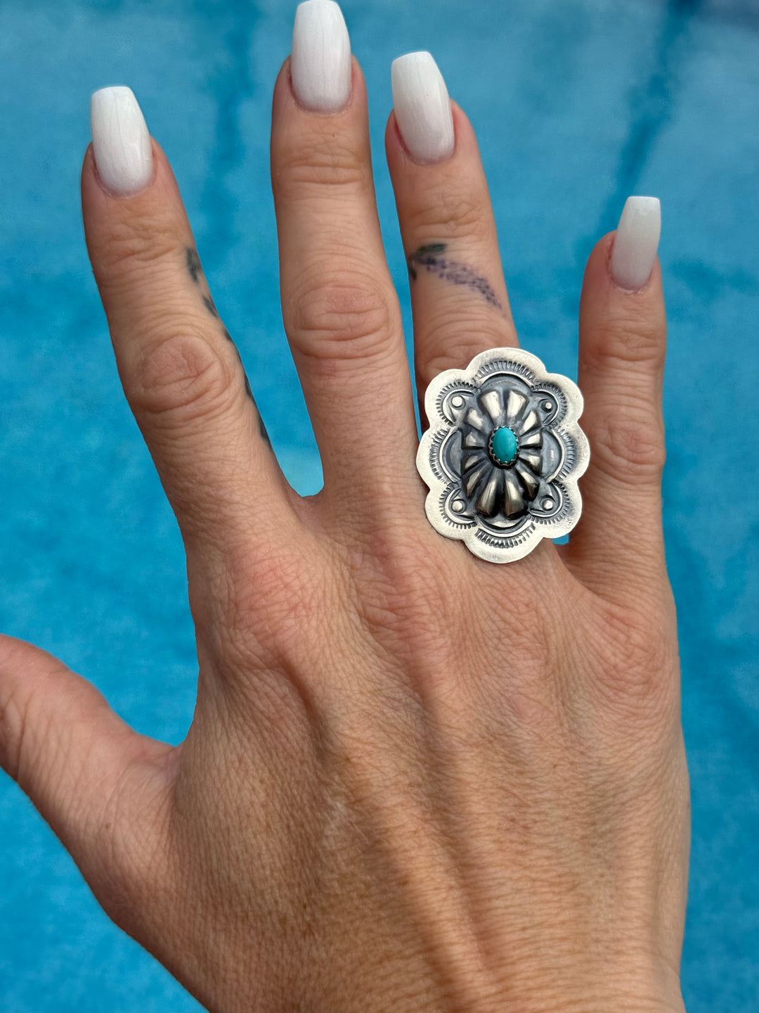 Navajo Sterling Silver Concho Ring - Genuine Sleeping Beauty Turquoise- Signed