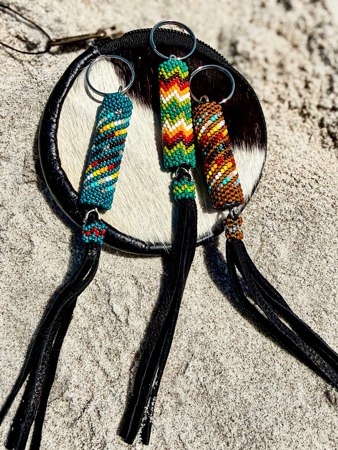 Handmade Navajo Beaded Keychain | Western Bag Charm w/ Leather Fringe