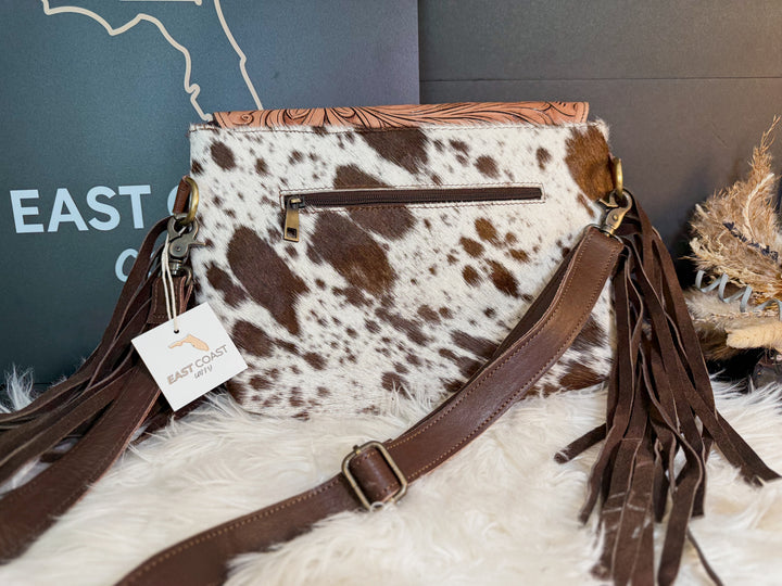 Grit & Grace | Hand Tooled Leather Cowhide and Brown Fringe Crossbody