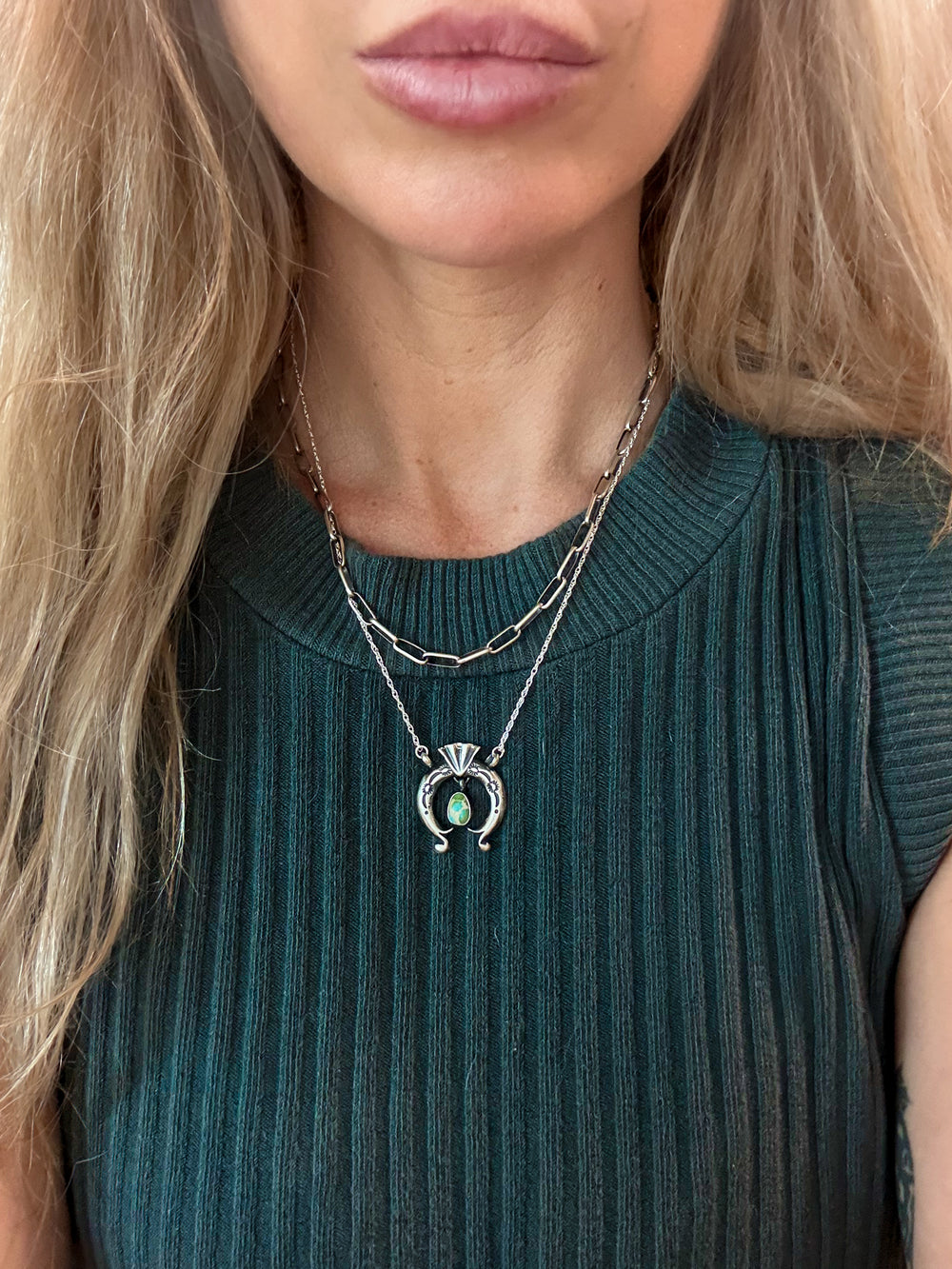 Mini Naja Sonoran Gold Turquoise Necklace Navajo Handmade by Verley Betone shown layered on neck for size reference
