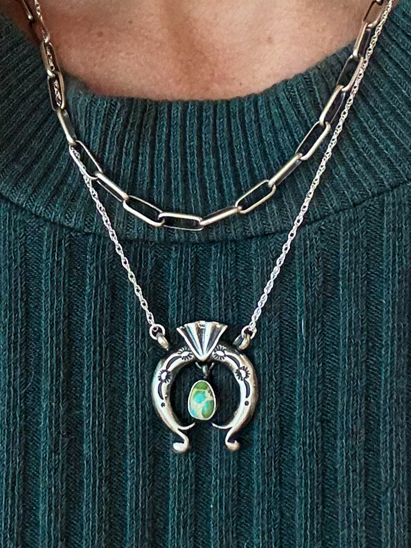 Mini Naja Sonoran Gold Turquoise Necklace Navajo Handmade by Verley Betone shown layered 
