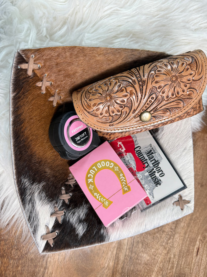 cowhide leather tray used as key and wallet miscellaneous catch all to show size