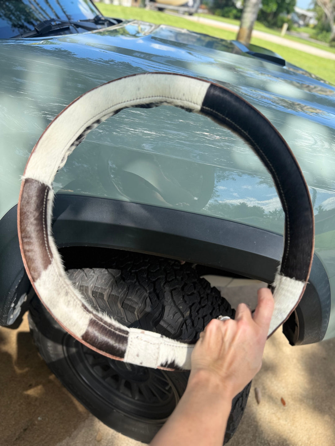 Western Tooled Leather and Cowhide Truck Steering Wheel Cover – Choose 15” or 16″