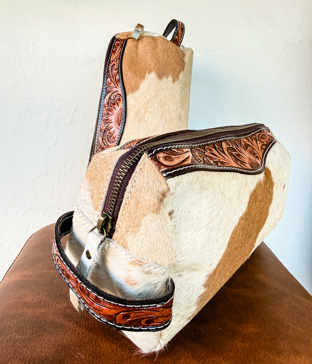Tan Cowhide Tooled Leather Cosmetic Bag | Western Travel Toiletry Case